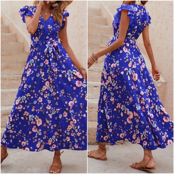Boho Floral Print Butterfly Sleeve Maxi Dress - Picture 10 of 16